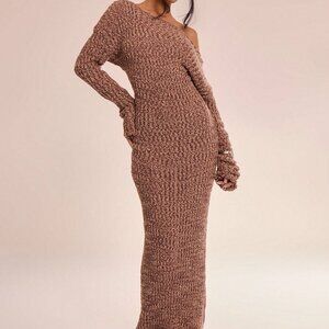 Brown Elegant Women's Slouchy Long Sleeve Maxi Knit Dress